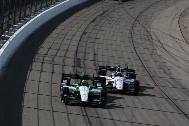 Teammates Conor Daly and Gabby Chaves go nose-to-tail down the frontstretch during the Iowa Corn 300 at Iowa Speedway -- Photo by: Chris Jones