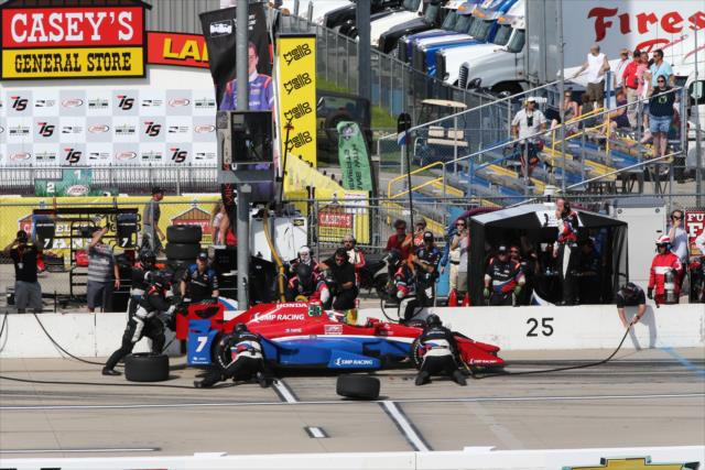 Mikhail Aleshin comes in for tires and fuel on pit lane during the Iowa Corn 300 at Iowa Speedway -- Photo by: Chris Jones