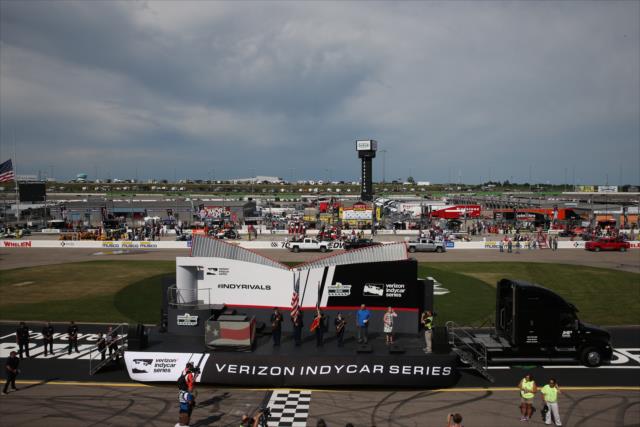 The National Anthem is performed during pre-race festivities during the Iowa Corn 300 at Iowa Speedway -- Photo by: Chris Jones