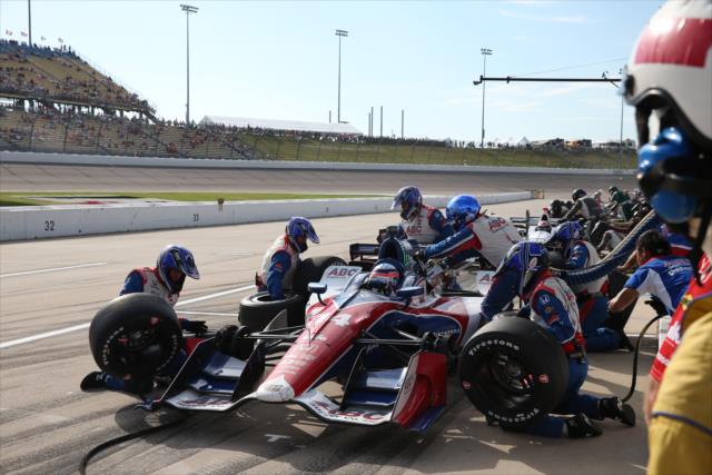 Takuma Sato comes in for tires and fuel on pit lane during the Iowa Corn 300 at Iowa Speedway -- Photo by: Chris Jones