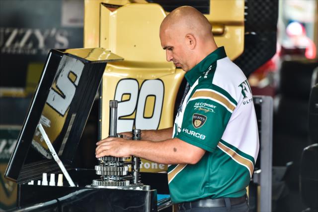 Gearbox mechanic for Ed Carpenter Racing prior to the Iowa Corn 300 at Iowa Speedway -- Photo by: Chris Owens
