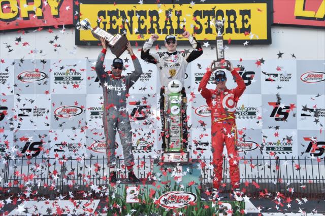Josef Newgarden, Will Power, and Scott Dixon with their trophies in Victory Lane following the Iowa Corn 300 at Iowa Speedway -- Photo by: Chris Owens