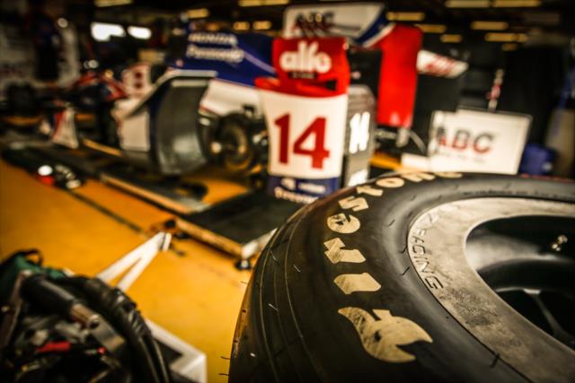Firestone tires are ready in the A.J. Foyt Enterprises garage at Iowa Speedway -- Photo by: Shawn Gritzmacher