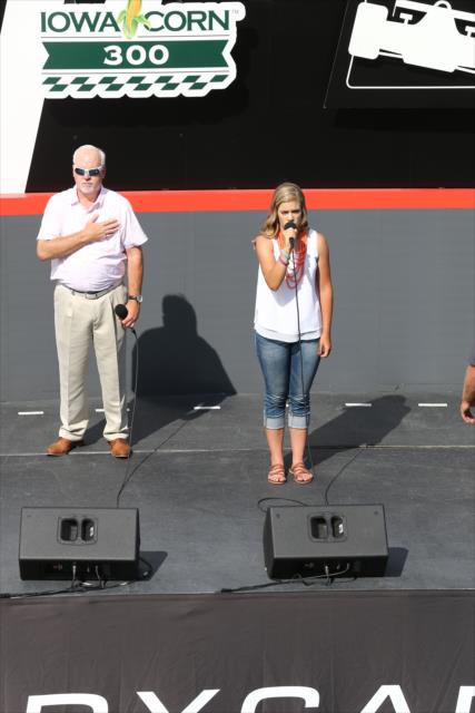 Holly Beringer sings the National Anthem during pre-race festivities for the Iowa Corn 300 at Iowa Speedway -- Photo by: Chris Jones