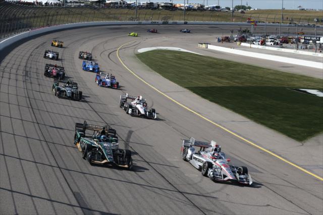 Will Power and JR Hildebrand lead the field during the parade laps prior to the start of the Iowa Corn 300 at Iowa Speedway -- Photo by: Chris Jones