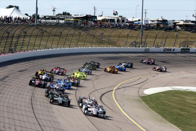 Will Power and JR Hildebrand lead the field to the green flag to start the Iowa Corn 300 at Iowa Speedway -- Photo by: Chris Jones