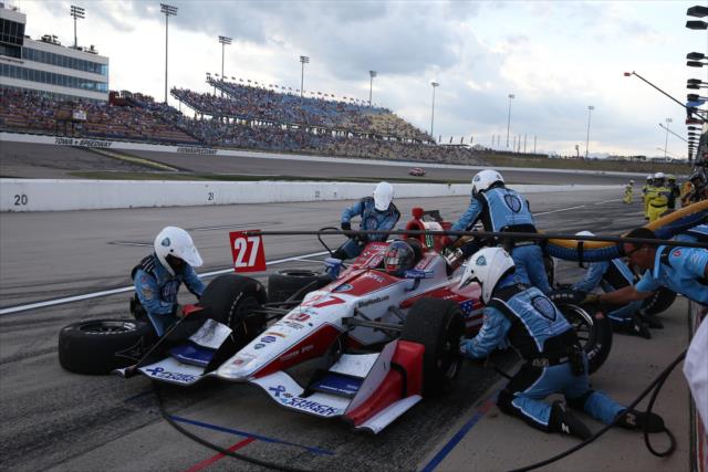 Marco Andretti comes in for tires and fuel on pit lane during the Iowa Corn 300 at Iowa Speedway -- Photo by: Chris Jones