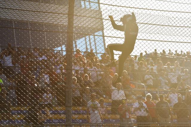 Helio Castroneves climbs the fence after winning the 2017 Iowa Corn 300 at Iowa Speedway -- Photo by: Chris Owens