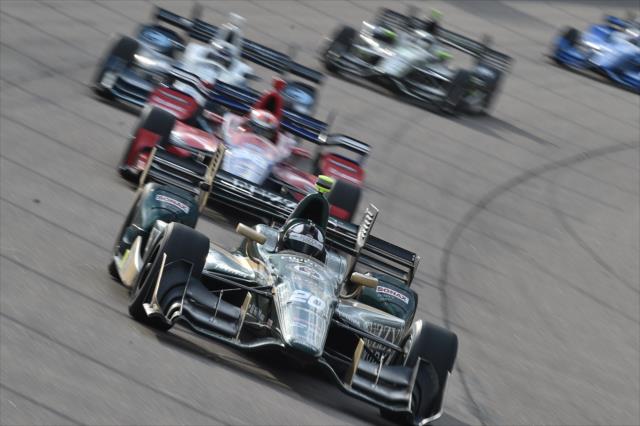 Ed Carpenter leads a group into Turn 1 during the Iowa Corn 300 at Iowa Speedway -- Photo by: Chris Owens