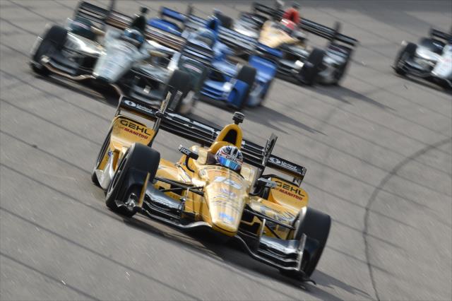 Graham Rahal leads a group into Turn 1 during the Iowa Corn 300 at Iowa Speedway -- Photo by: Chris Owens