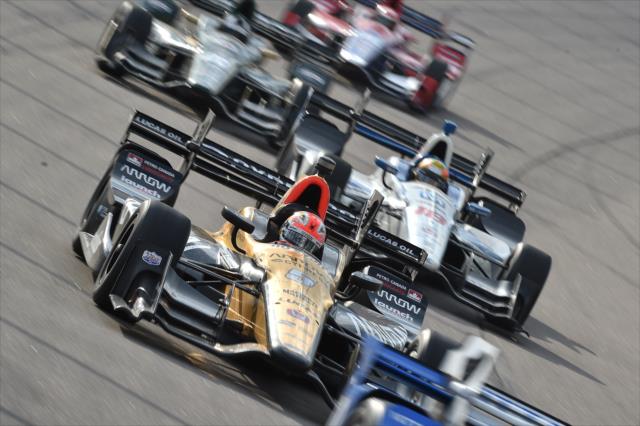 James Hinchcliffe mixes it up entering Turn 1 during the Iowa Corn 300 at Iowa Speedway -- Photo by: Chris Owens