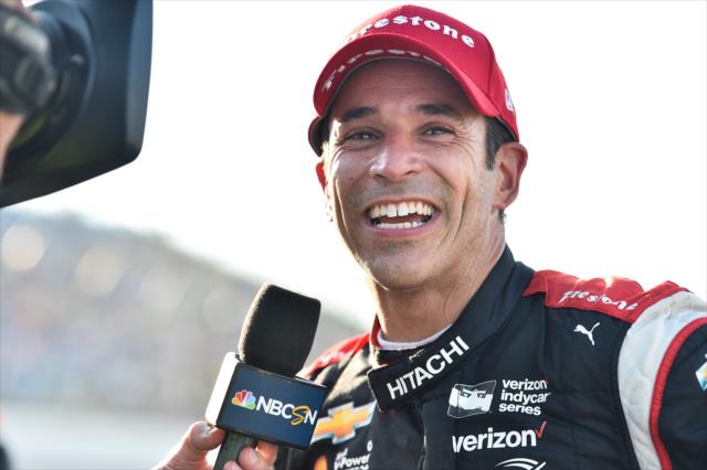 Helio Castroneves is interviewed in Victory Circle after winning the Iowa Corn 300 at Iowa Speedway -- Photo by: Chris Owens