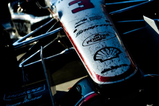 The battle scars on the No. 3 Hitachi Chevrolet of Helio Castroneves in Victory Circle after winning the Iowa Corn 300 at Iowa Speedway -- Photo by: Chris Owens