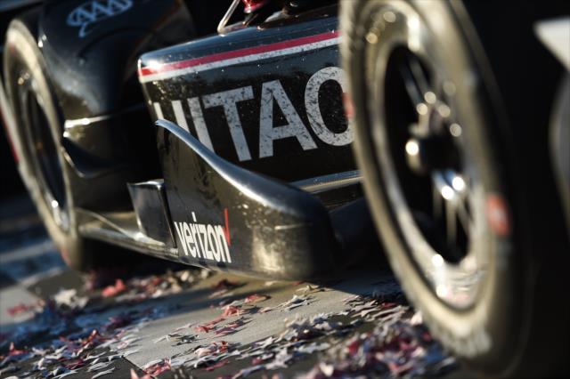 Confetti adorns the No. 3 Hitachi Chevrolet in Victory Circle after Helio Castroneves wins the Iowa Corn 300 -- Photo by: Chris Owens
