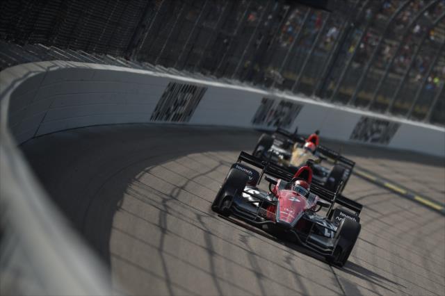 Mikhail Aleshin leads teammate James Hinchcliffe down the frontstretch during the Iowa Corn 300 at Iowa Speedway -- Photo by: Chris Owens