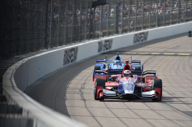 Alexander Rossi leads Tony Kanaan into Turn 1 during the Iowa Corn 300 at Iowa Speedway -- Photo by: Chris Owens