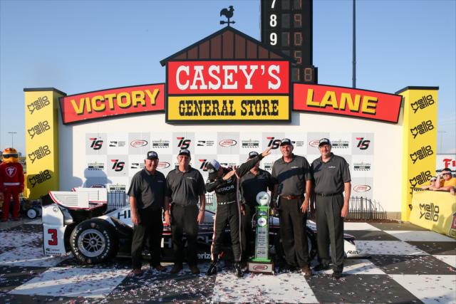 Helio Castroneves dabs with members of the Iowa Corn Growers Association in Victory Circle following the Iowa Corn 300 at Iowa Speedway -- Photo by: Joe Skibinski
