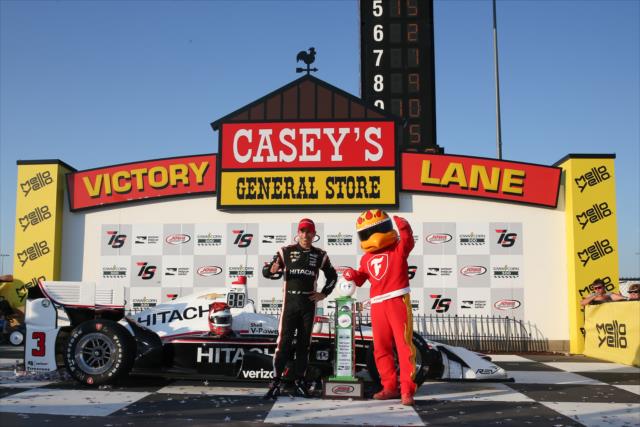 Helio Castroneves with the Firestone Firehawk in Victory Circle after winning the 2017 Iowa Corn 300 at Iowa Speedway -- Photo by: Joe Skibinski