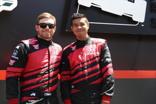 Conor Daly and Orion Dajnowicz on stage before their two-seater ride around Iowa Speedway during pre-race festivities for the Iowa Corn 300 -- Photo by: Chris Jones