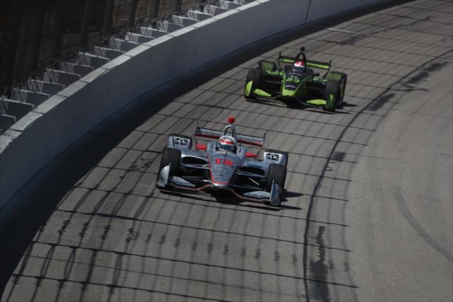 Will Power and Charlie Kimball go nose-to-tail down the frontstretch during the Iowa Corn 300 at Iowa Speedway -- Photo by: Chris Jones
