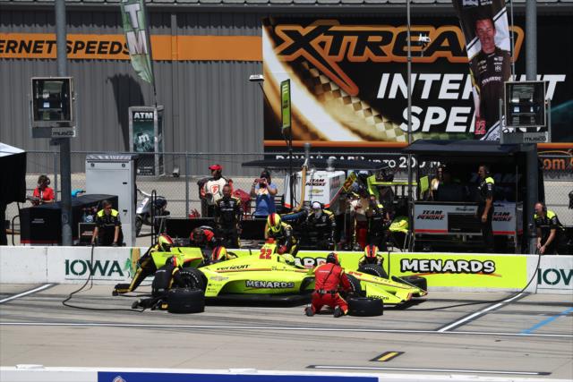 Simon Pagenaud comes in for tires and fuel on pit lane during the Iowa Corn 300 at Iowa Speedway -- Photo by: Chris Jones
