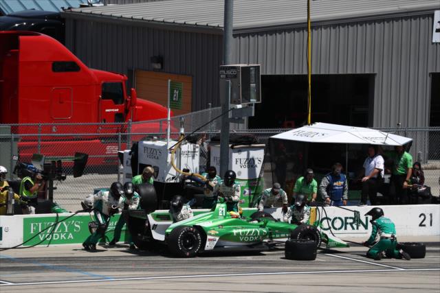 Spencer Pigot comes in for tires and fuel on pit lane during the Iowa Corn 300 at Iowa Speedway -- Photo by: Chris Jones