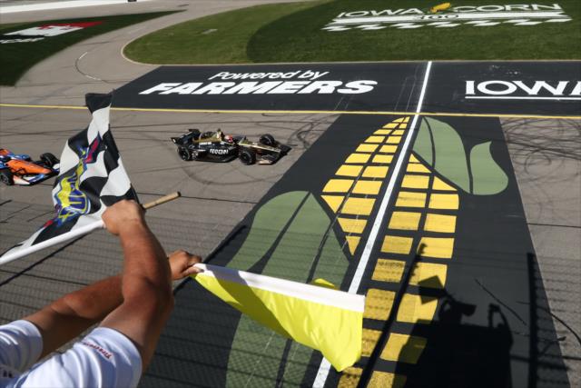 James Hinchcliffe takes the checkered flag under caution to win the 2018 Iowa Corn 300 at Iowa Speedway -- Photo by: Chris Jones