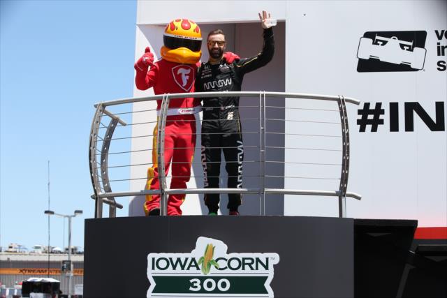 James Hinchcliffe is introduced to the crowd during pre-race festivities for the Iowa Corn 300 at Iowa Speedway -- Photo by: Chris Jones