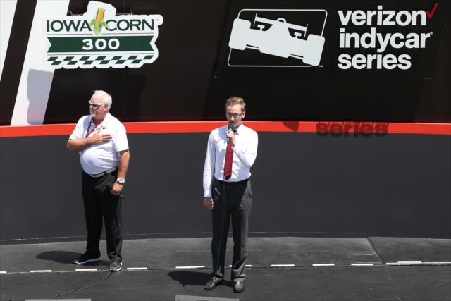 Ian Anderson of Newell-Fonda FFA performs the National Anthem during pre-race festivities for the Iowa Corn 300 at Iowa Speedway -- Photo by: Chris Jones