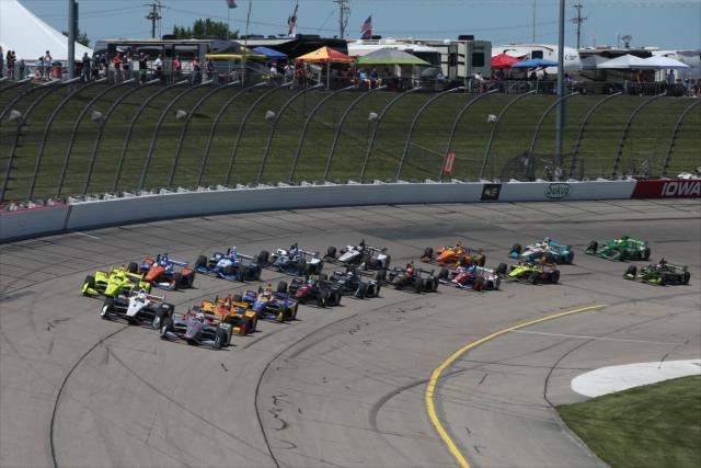 Will Power and Josef Newgarden lead the field to the green flag to start the 2018 Iowa Corn 300 at Iowa Speedway -- Photo by: Chris Jones