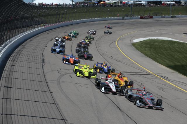 Will Power leads the field to the green flag to start the 2018 Iowa Corn 300 at Iowa Speedway -- Photo by: Chris Jones