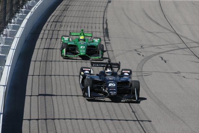 Teammates Ed Carpenter and Spencer Pigot go nose-to-tail down the frontstretch during the Iowa Corn 300 at Iowa Speedway -- Photo by: Chris Jones