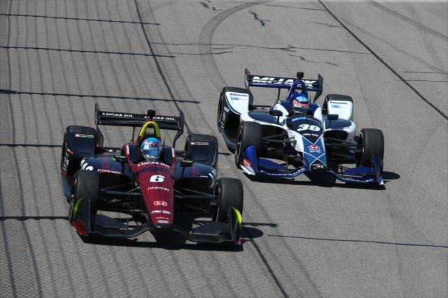 Robert Wickens and Takuma Sato duel down the frontstretch during the Iowa Corn 300 at Iowa Speedway -- Photo by: Chris Jones