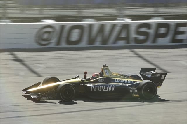 James Hinchcliffe begins the celebration on the frontstretch prior to winning the Iowa Corn 300 at Iowa Speedway -- Photo by: Chris Owens