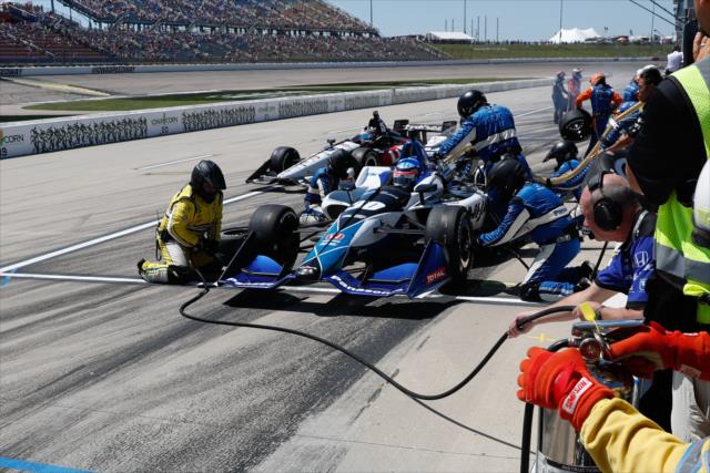 Takuma Sato comes in for tires and fuel on pit lane during the Iowa Corn 300 at Iowa Speedway -- Photo by: Joe Skibinski