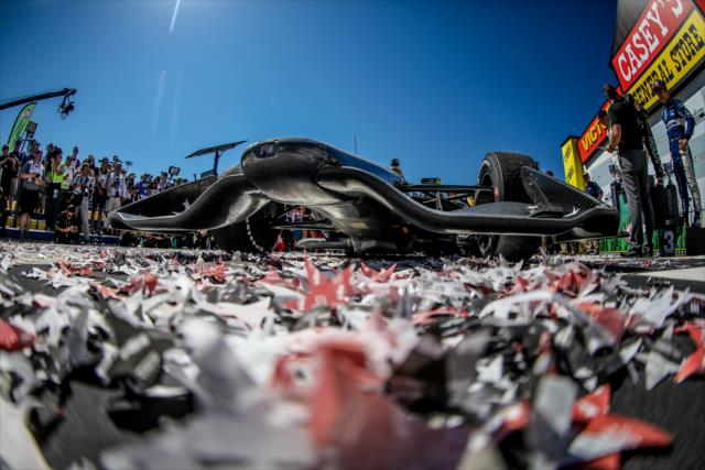 Confetti adorns the No. 5 Arrow Honda of James Hinchcliffe in Victory Circle after winning the Iowa Corn 300 at Iowa Speedway -- Photo by: Shawn Gritzmacher