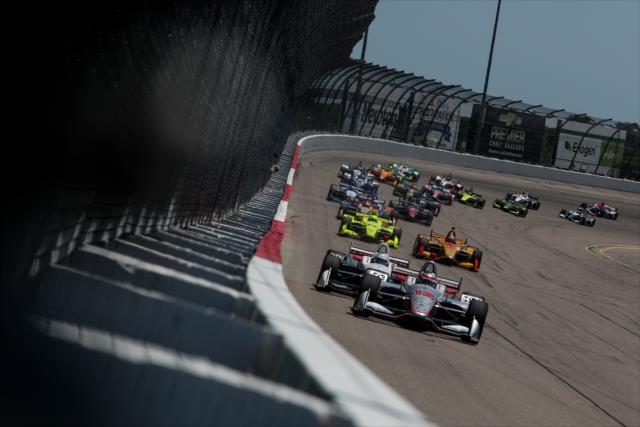 Will Power leads the field down the backstretch during the Iowa Corn 300 at Iowa Speedway -- Photo by: Shawn Gritzmacher