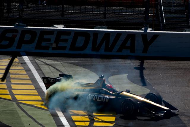 James Hinchcliffe with a smokey burnout at the start-finish line after winning the Iowa Corn 300 at Iowa Speedway -- Photo by: Shawn Gritzmacher