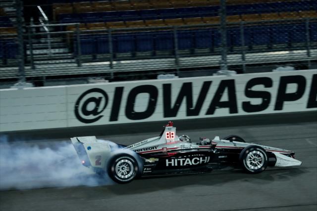 Josef Newgarden celebrates by performing a burnout after winning the Iowa 300 -- Photo by: Joe Skibinski