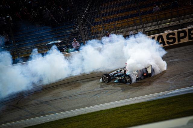 Josef Newgarden celebrates by performing a burnout after winning the Iowa 300 -- Photo by: Stephen King