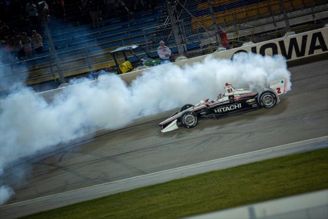 Josef Newgarden celebrates by performing a burnout after winning the Iowa 300 -- Photo by: Stephen King