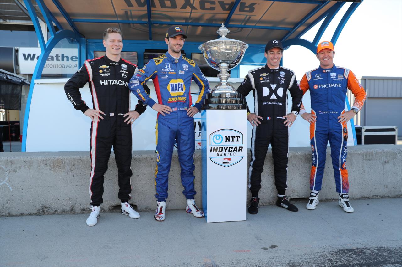 NTT IndyCar Series championship contenders Josef Newgarden, Alexander Rossi, Simon Pagenaud and Scott Dixon with the Astor Cup -- Photo by: Chris Jones