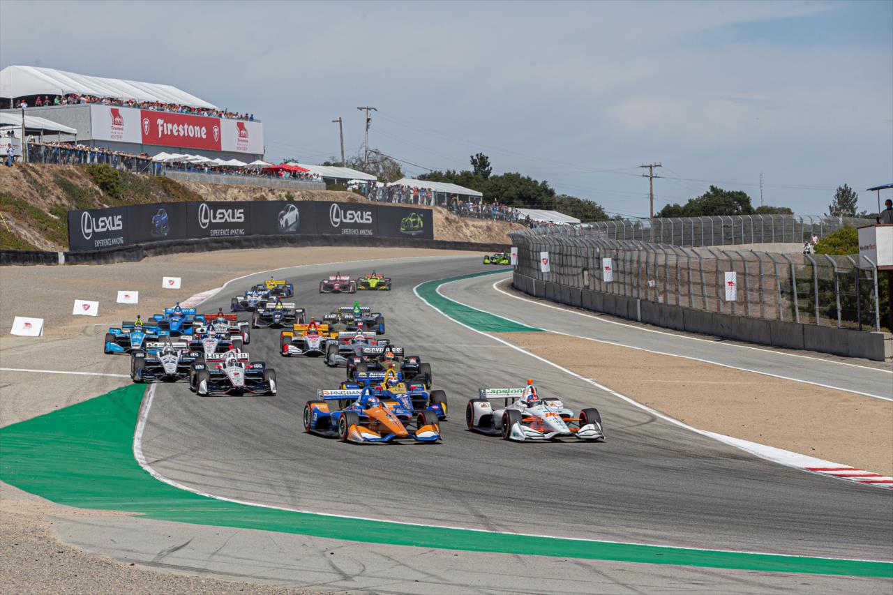 Colton Herta leads the field on the first lap of the Firestone Grand Prix of Monterey -- Photo by: Stephen King