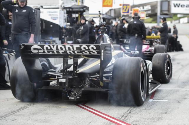 James Hinchcliffe peels out of his pit stall onto pit lane during the team test at WeatherTech Raceway Laguna Seca -- Photo by: Chris Owens