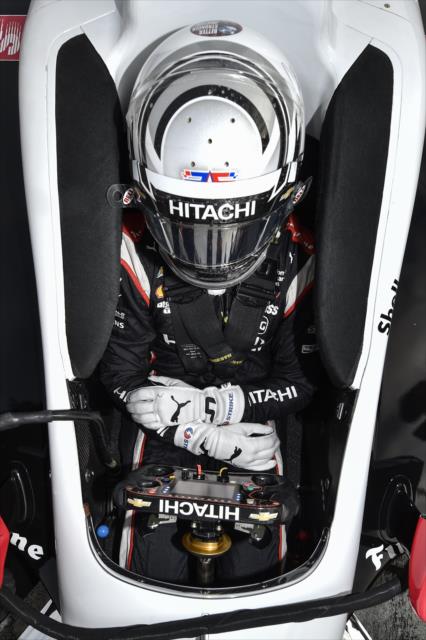 Josef Newgarden sits in his No. 2 Hitachi Chevrolet on pit lane during the team test at WeatherTech Raceway Laguna Seca -- Photo by: Chris Owens