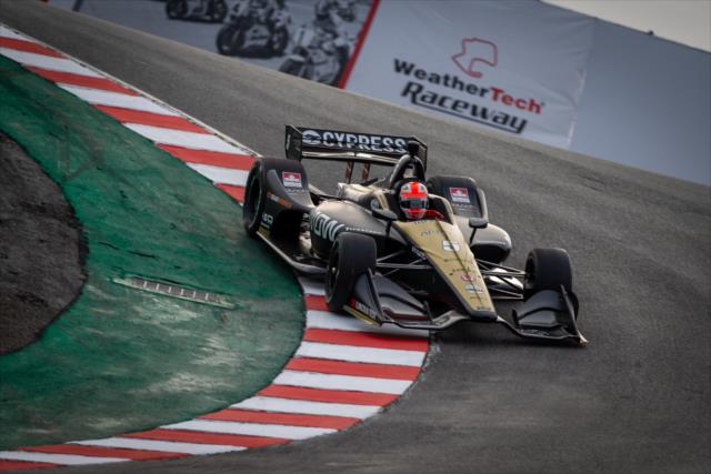 James Hinchcliffe dives into the Corkscrew (Turns 8-8A) during the team test at WeatherTech Raceway Laguna Seca -- Photo by: Stephen King