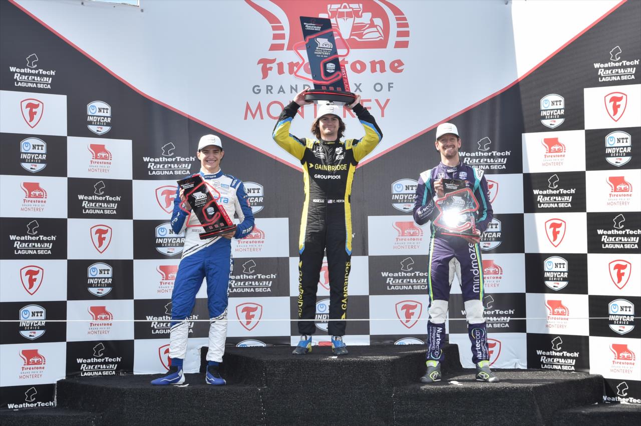 The podium with Alex Palou, Colton Herta and Romain Grosjean - Firestone Grand Prix of Monterey -- Photo by: Chris Owens
