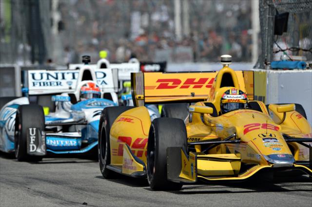 Ryan Hunter-Reay leads James Hinchcliffe during the early stages of the Toyota Grand Prix of Long Beach -- Photo by: John Cote