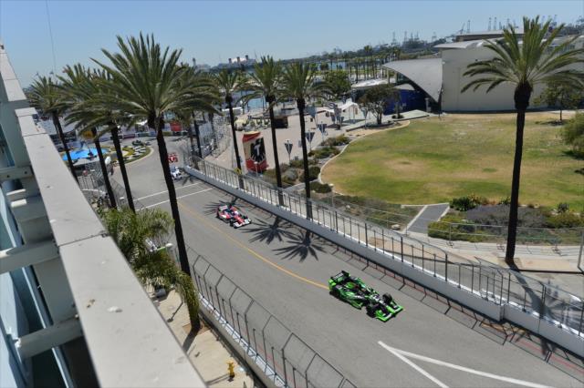 Sebastien Bourdais leads a group of cars toward Turn 5 during practice for the Toyota Grand Prix of Long Beach -- Photo by: Chris Owens