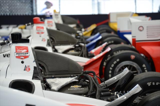 The Team Penske cars all lined up in the Long Beach paddock -- Photo by: Chris Owens